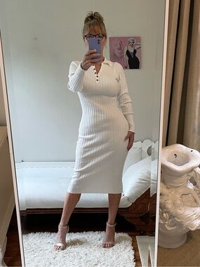 MEROKEETY LONG SLEEVE POLO RIBBED KNIT DRESS BUTTONS COLLAR STRETCH MEDIUM